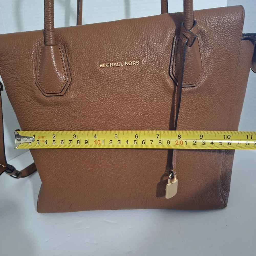 Michael Kors Mercer Brown Pebble Leather Tote Bag With Charm Large Crossbody GUC
